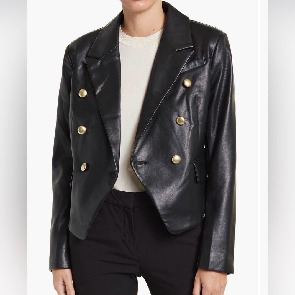 Avec Les Filles Blazer Women XS Black Faux Leather Double Breasted Gold Button